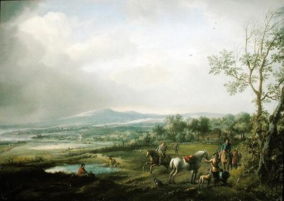 Een valkenjachtpartij in een uitgestrekt landschap door Philips Wouwerman